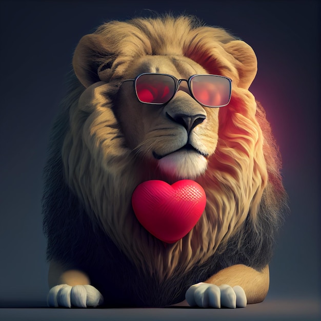 lion mignon avec coeur rouge Love and Valebtine concept