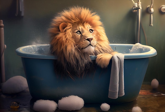 Lion mignon dans la baignoire nettoyage des animaux de compagnie Générer Ai