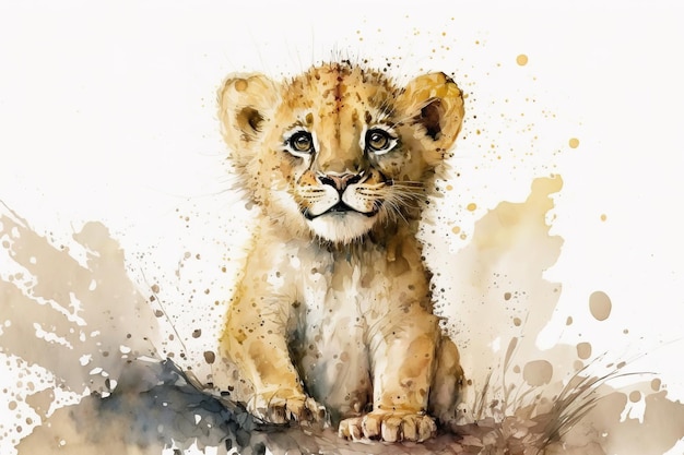 Photo lion mignon debout au milieu de la forêt peinture à l'aquarelle