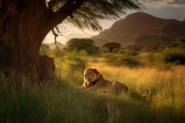 Photo le lion mignon se repose sur la savane entouré de papillons