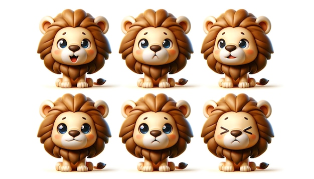 le lion mignon avec des traits doux dans quatre expressions heureux curieux endormi ludique positionné à nouveau