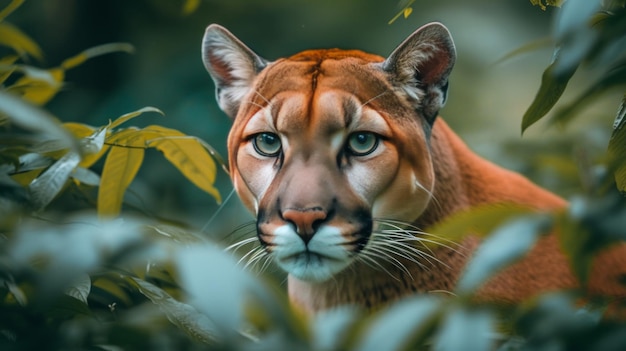 Le lion de montagne au milieu du feuillage