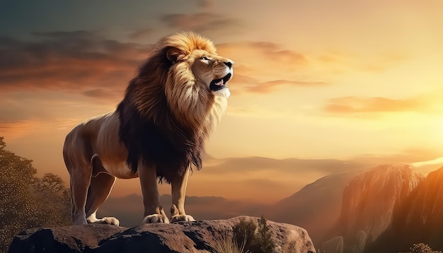 Photo un lion sur une montagne rugit au coucher du soleil