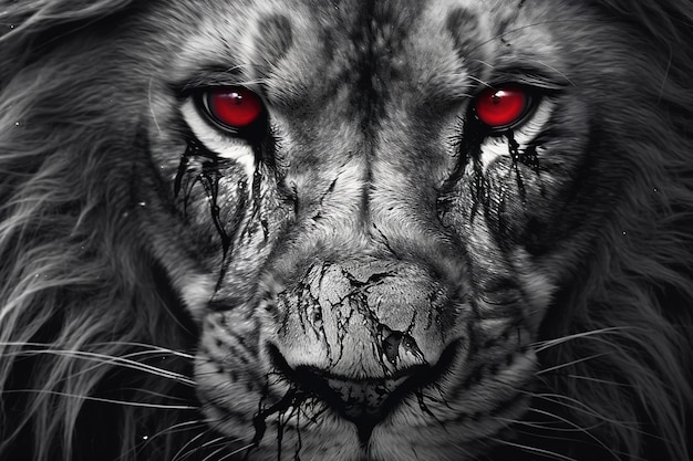 Le lion noir et blanc avec des yeux rouges AI