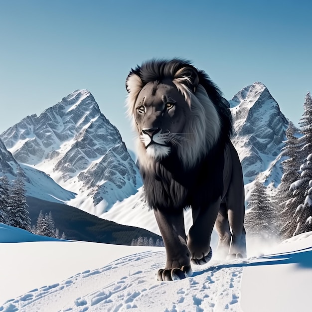 Lion noir sur fond de montagne Generative AI