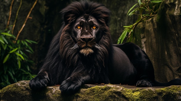 un lion noir posé sur un rocher dans un zoo