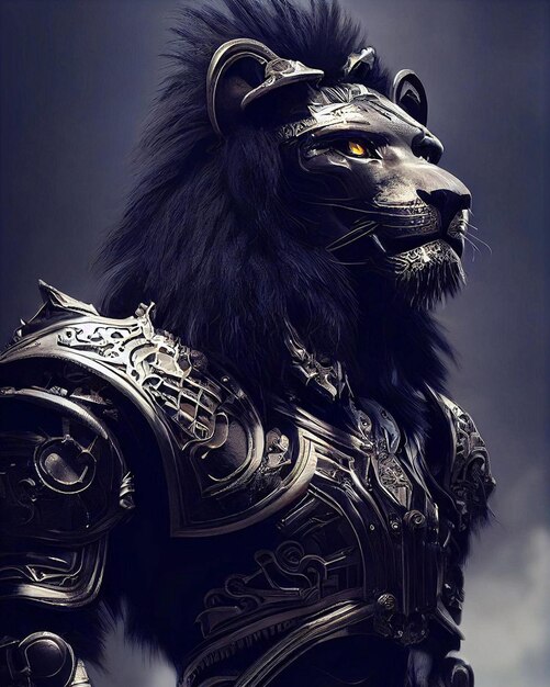 Un lion avec un oeil d'or et une crinière noire.