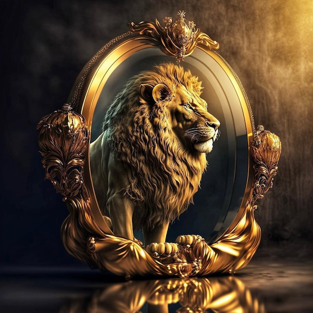 Photo un lion d'or est dans un cadre avec un reflet du lion.