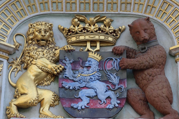 Lion et ours héraldique de l'hôtel de ville Armoiries du bras de la ville de Bruges Belgique Europe