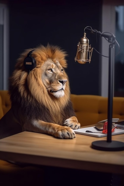 Photo un lion participant à un podcast