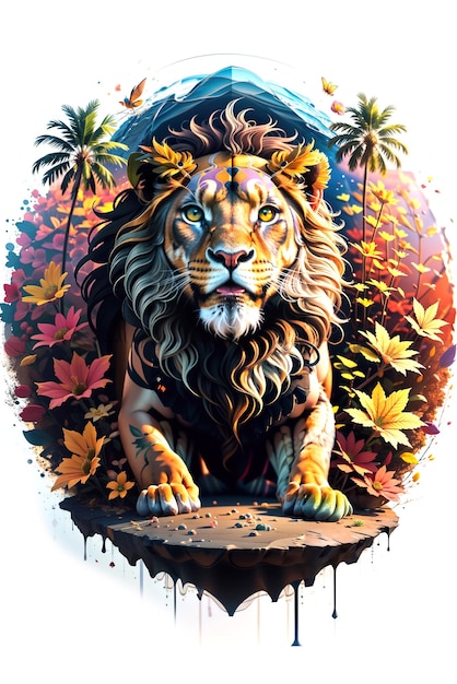 Lion avec peinture à l'huile sur aquarelle pour l'impression de t-shirts