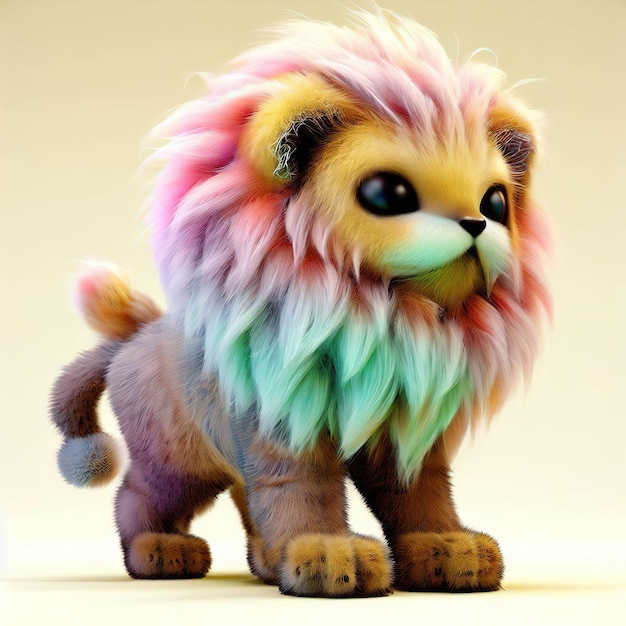 Un lion en peluche coloré avec une crinière sur la tête.