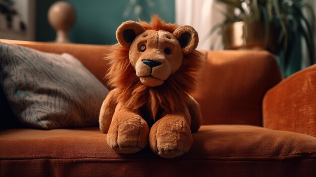 Un lion en peluche est assis sur un canapé