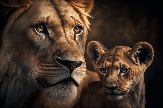 Un lion et un petit sont sur un fond sombre.