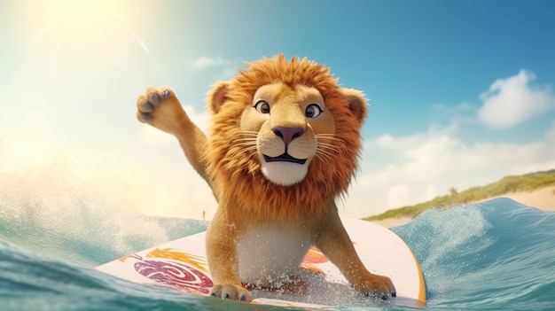 Un lion sur une planche de surf avec un homme dessus