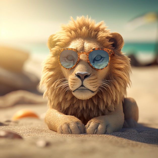 Un lion portant des lunettes de soleil et une paire de lunettes de soleil est assis sur une plage.