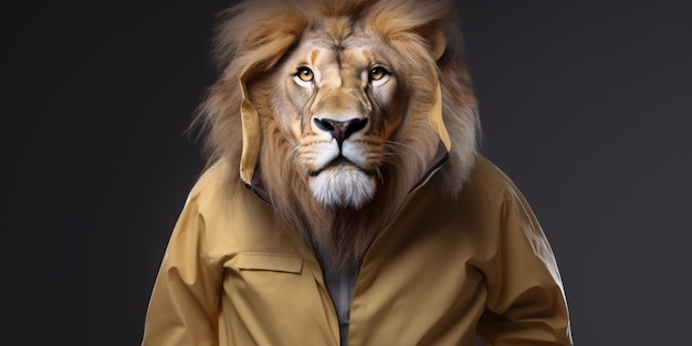 Un lion portant une veste avec un collier.