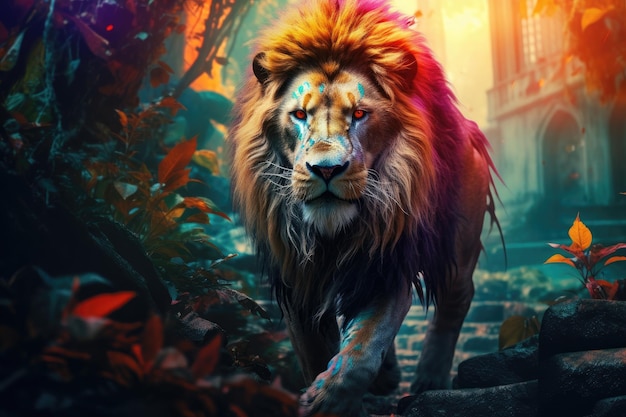 lion qui court dans la jungle