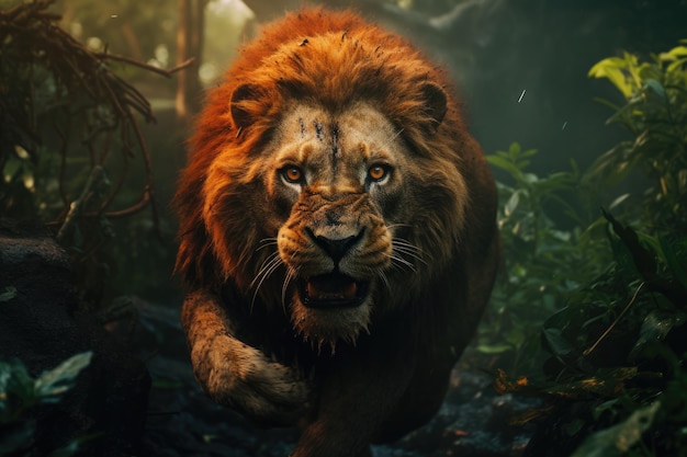 lion qui court dans la jungle