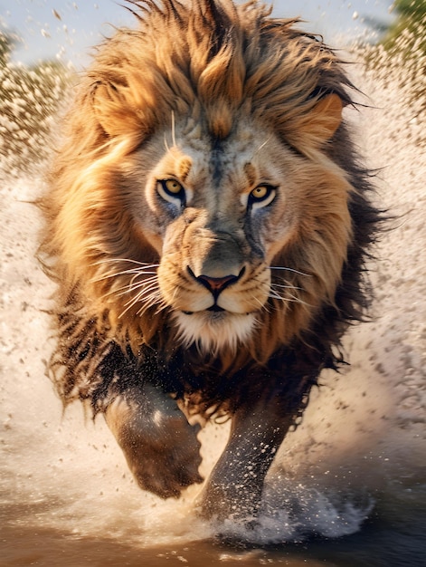 Un lion qui court dans le sable