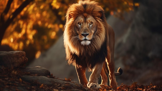 un lion qui marche sur un rocher