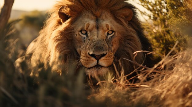 Le lion réaliste dans la brousse au coucher du soleil Photo de stock cinématographique