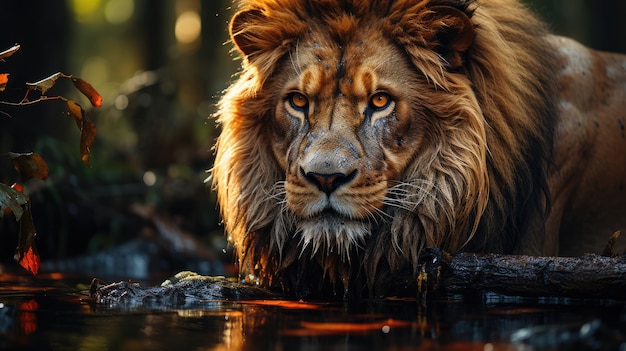 Le lion regarde son reflet dans l’eau sur fond de jungle