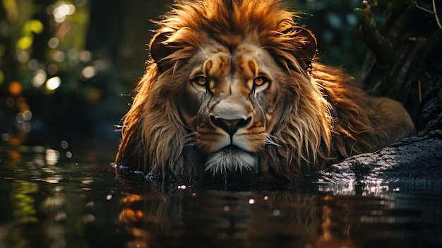 Le lion regarde son reflet dans l’eau sur fond de jungle