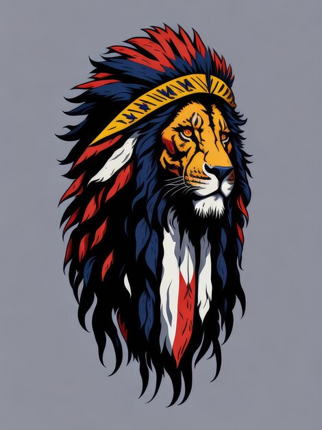 Un lion avec un ruban rouge, blanc et bleu sur la tête porte une chemise rayée rouge, blanche et bleue.