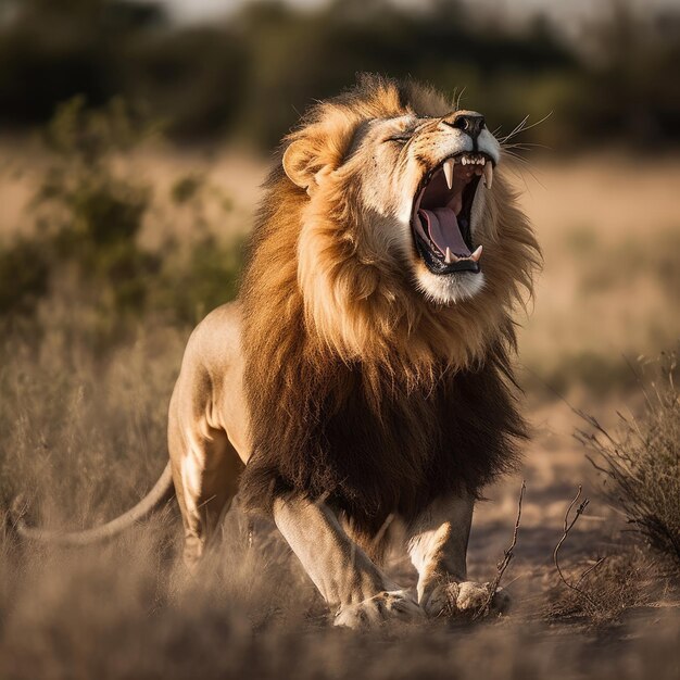 Lion rugissant sur la savane