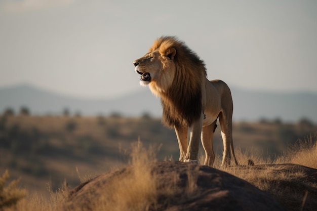 Un lion se dresse sur une colline à l'état sauvage