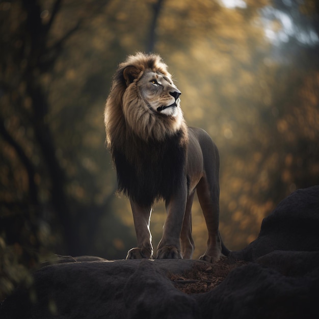 Un lion se dresse sur un rocher dans les bois.