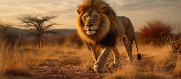 le lion se tient à la chasse dans le fond de la savane