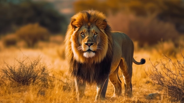 le lion se tient à la chasse dans le fond de la savane