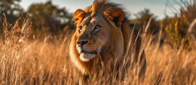 le lion se tient à la chasse dans le fond de la savane