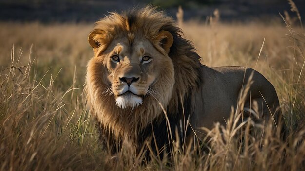 un lion se tient dans l'herbe avec un lion sur sa poitrine