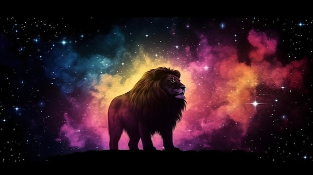 Lion de silhouette dans l'espace coloré galaxie nuage nébuleuse ai générative