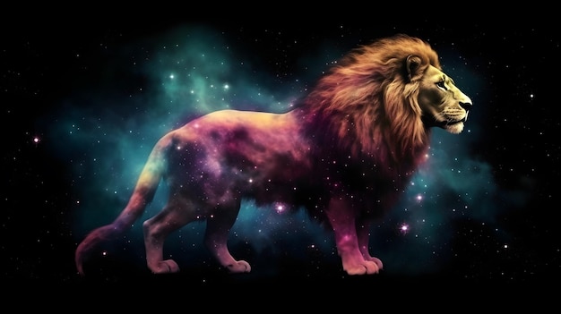 Lion de silhouette dans l'espace coloré galaxie nuage nébuleuse ai générative