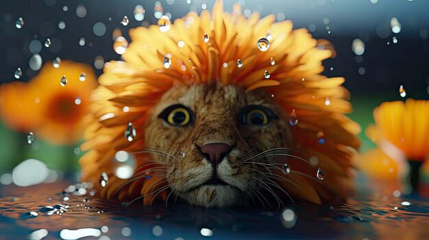 Un lion sous la pluie avec des gouttelettes d'eau dessus