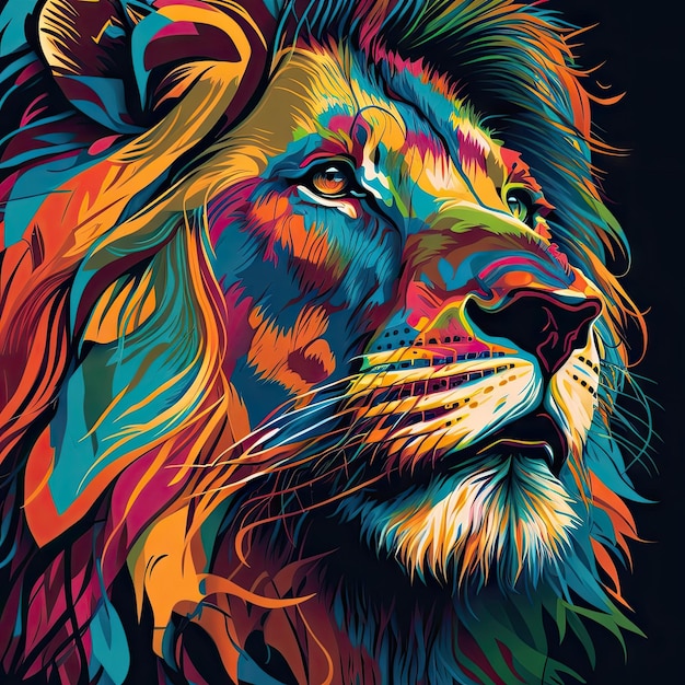 Lion stylisé vibrant avec des lignes audacieuses et un mélange de couleurs colorées Generative AI AIG15