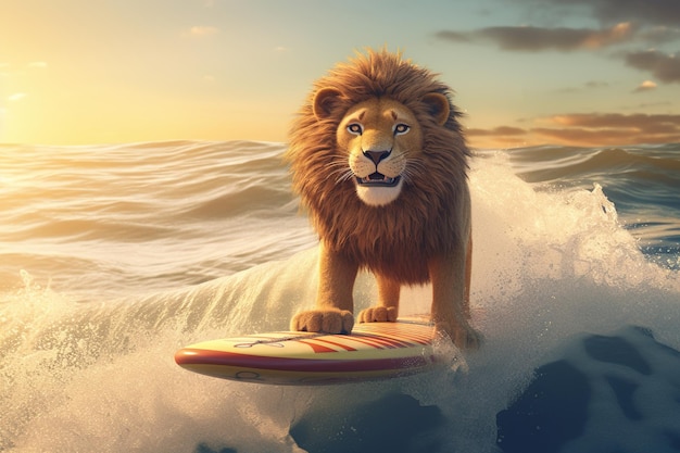 Lion surfeur sur une planche de surf s'amusant sur les vagues de la mer