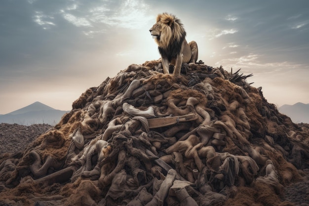 Un lion sur un tas de racines d'arbres