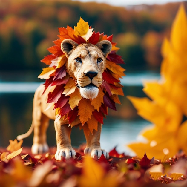 Un lion avec une tête de lion sur le sol devant un lac.