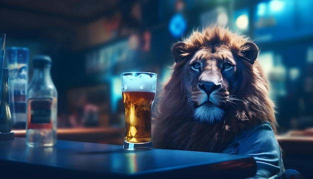 Un lion avec un verre assis au bar.
