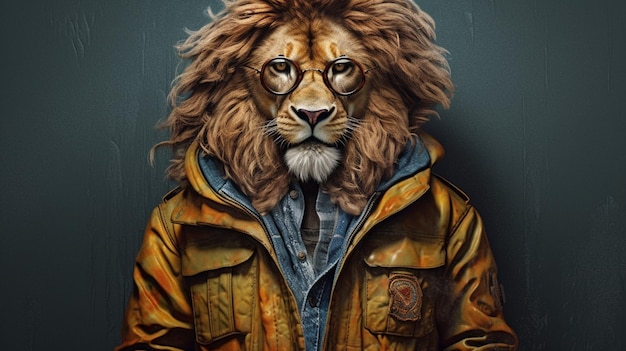 Un lion avec une veste et des lunettes