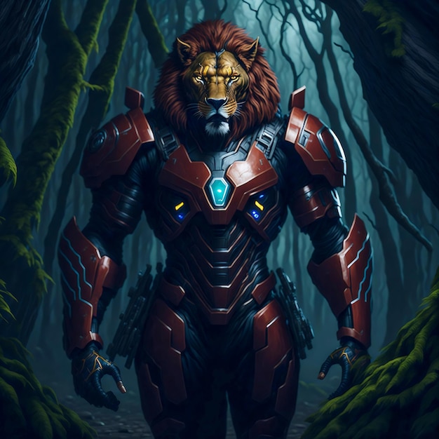 Photo lion warrior en armure futuriste d'iron man protégeant la forêt