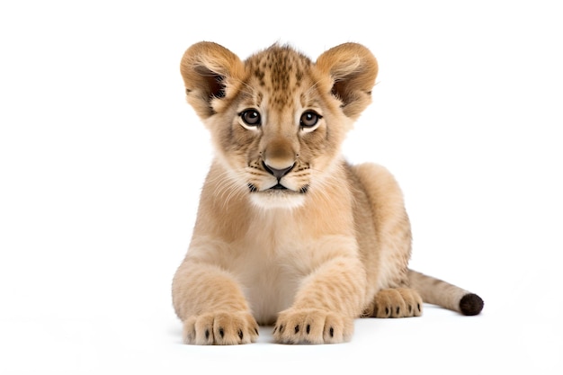 Un lionceau couché avec ses oreilles dressées.