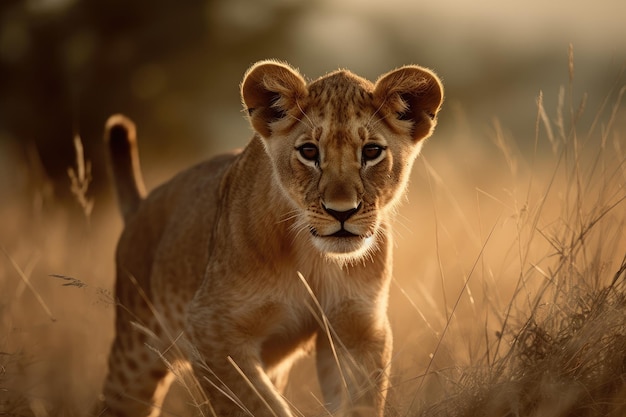 Un lionceau curieux explore la savane à l'aube IA générative