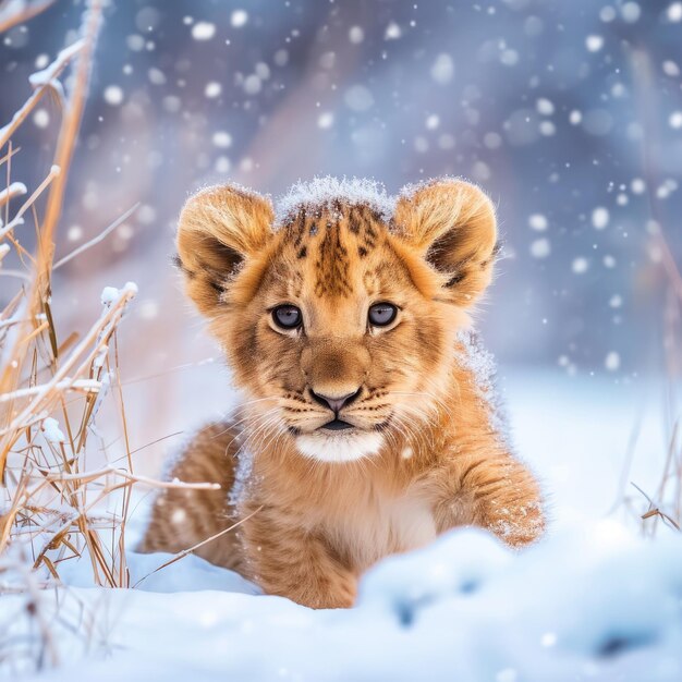 Un lionceau dans le paysage hivernal photographie réaliste mignon doux précieux v 6 ID de travail 19174705c48049bc86e29309defae70b