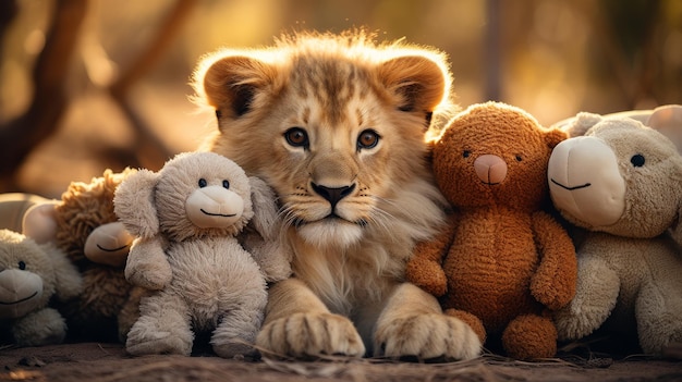 Photo un lionceau entouré d'animaux en peluche